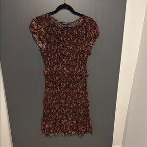 Olivaceous Brown and Red Pleated Smocked Mini Dress